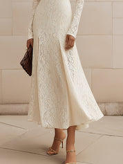 Elegant Commuter Versatile Pinch Pleated Half Turtleneck Slim Lace Midi Dress