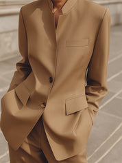 Old-Money Minimalist Stand-Collar Wool Blazer
