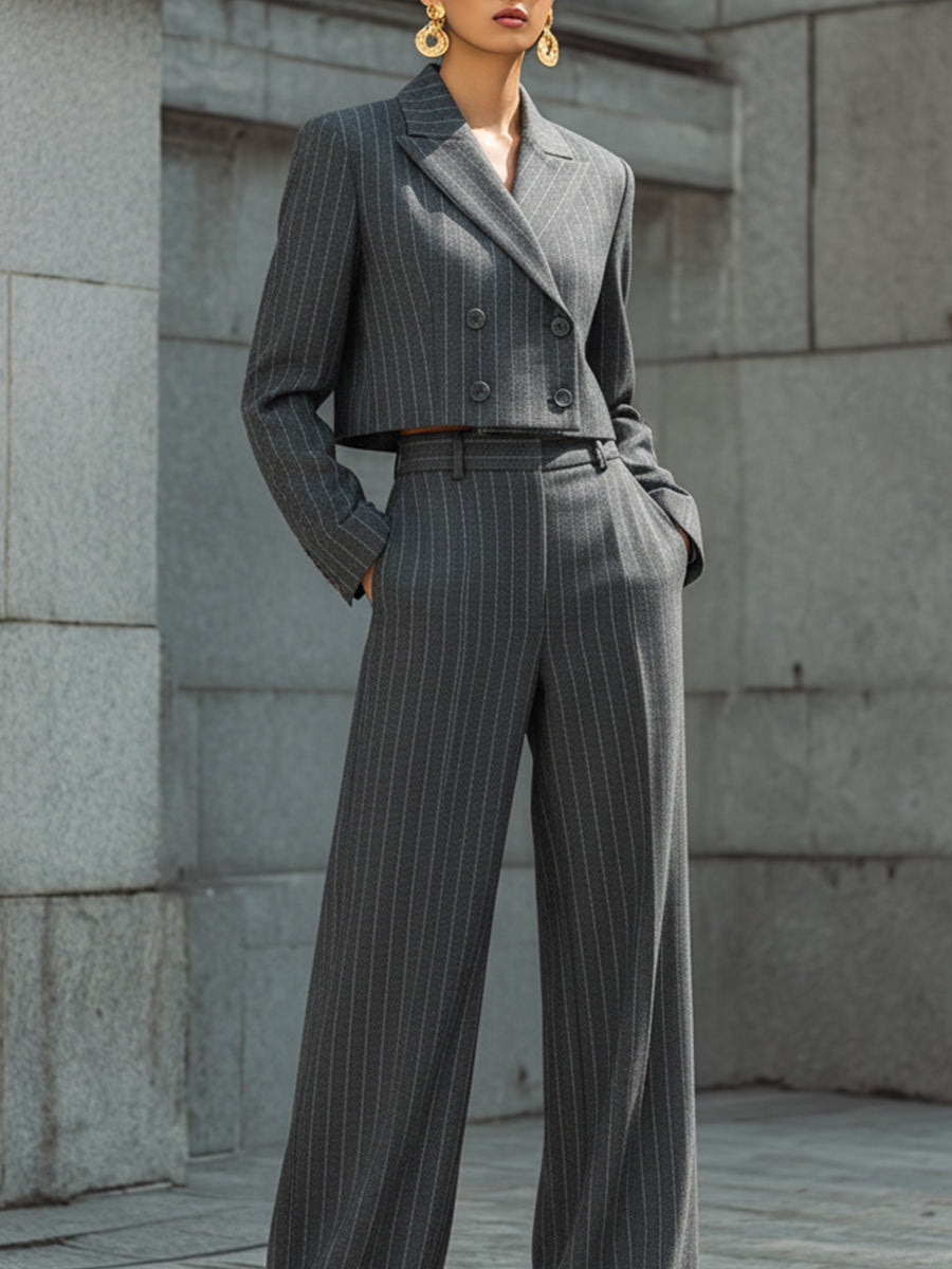 Classic Woolen Striped Short Jacket & Floor-length Wide-leg Pants Set