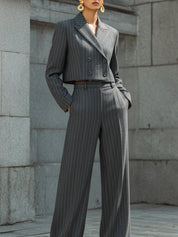 Classic Woolen Striped Short Jacket & Floor-length Wide-leg Pants Set