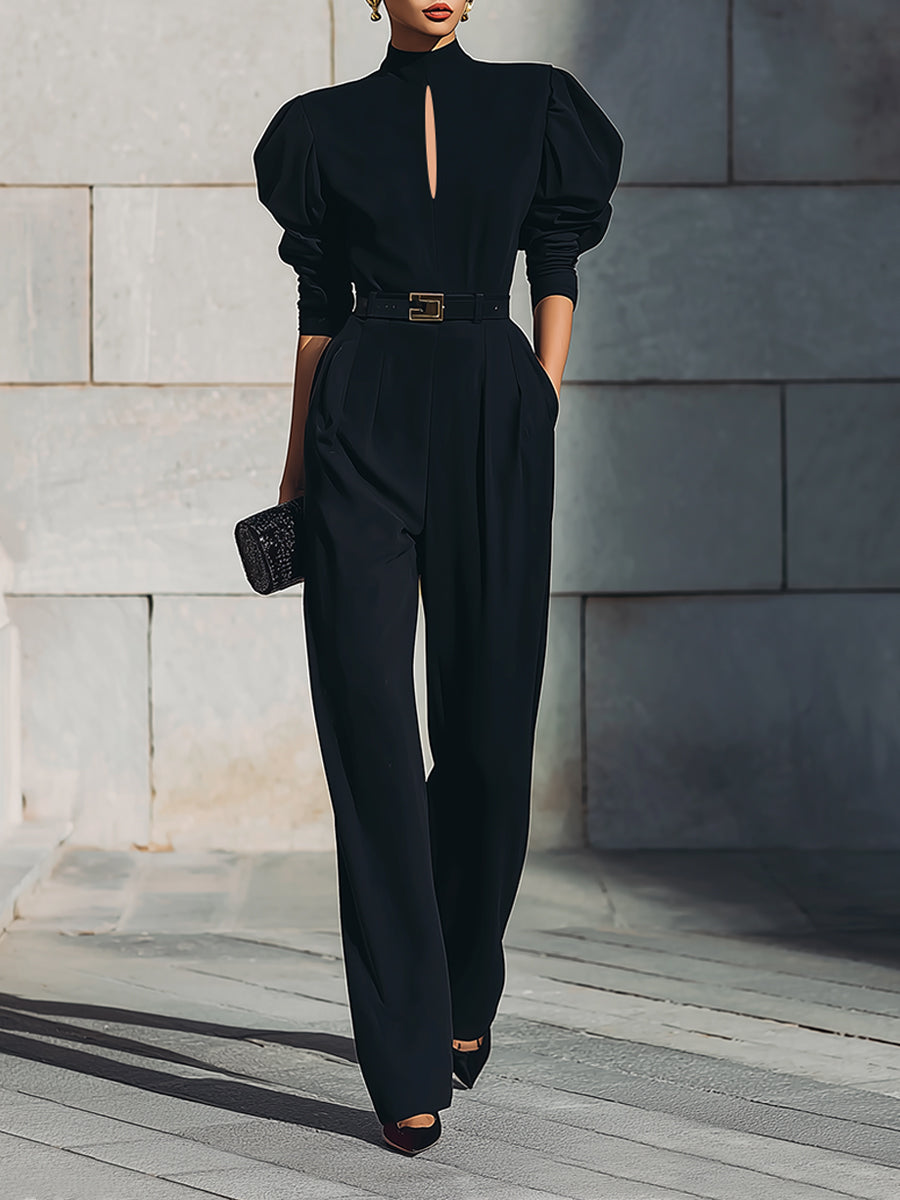 Minimalist Keyhole Neck Gigot Sleeve Cotton Blend Straight Jumpsuit