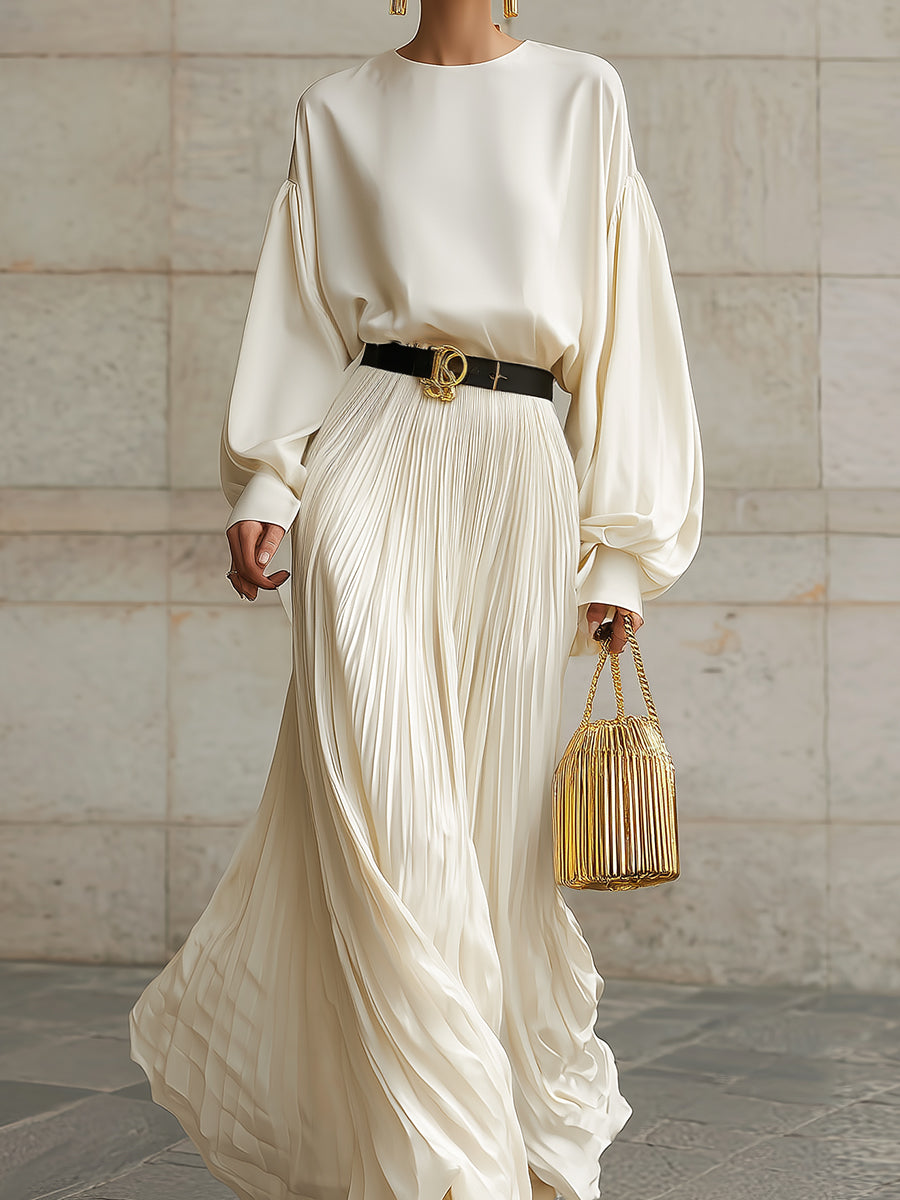 Minimalist Dropped Shoulder Lantern Sleeve Blouse & Pleated Floor-length Skirt Set