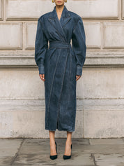 Casual Deconstructed Acid Wash Denim Diagonal Placket Cocoon Waist Coat With Belt