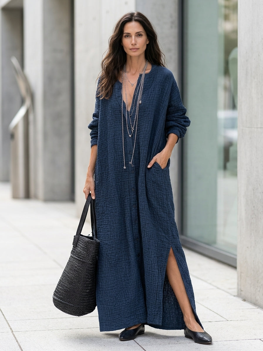 Textured Long Sleeve Button-Front Maxi Shirt Dress