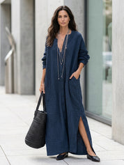 Textured Long Sleeve Button-Front Maxi Shirt Dress