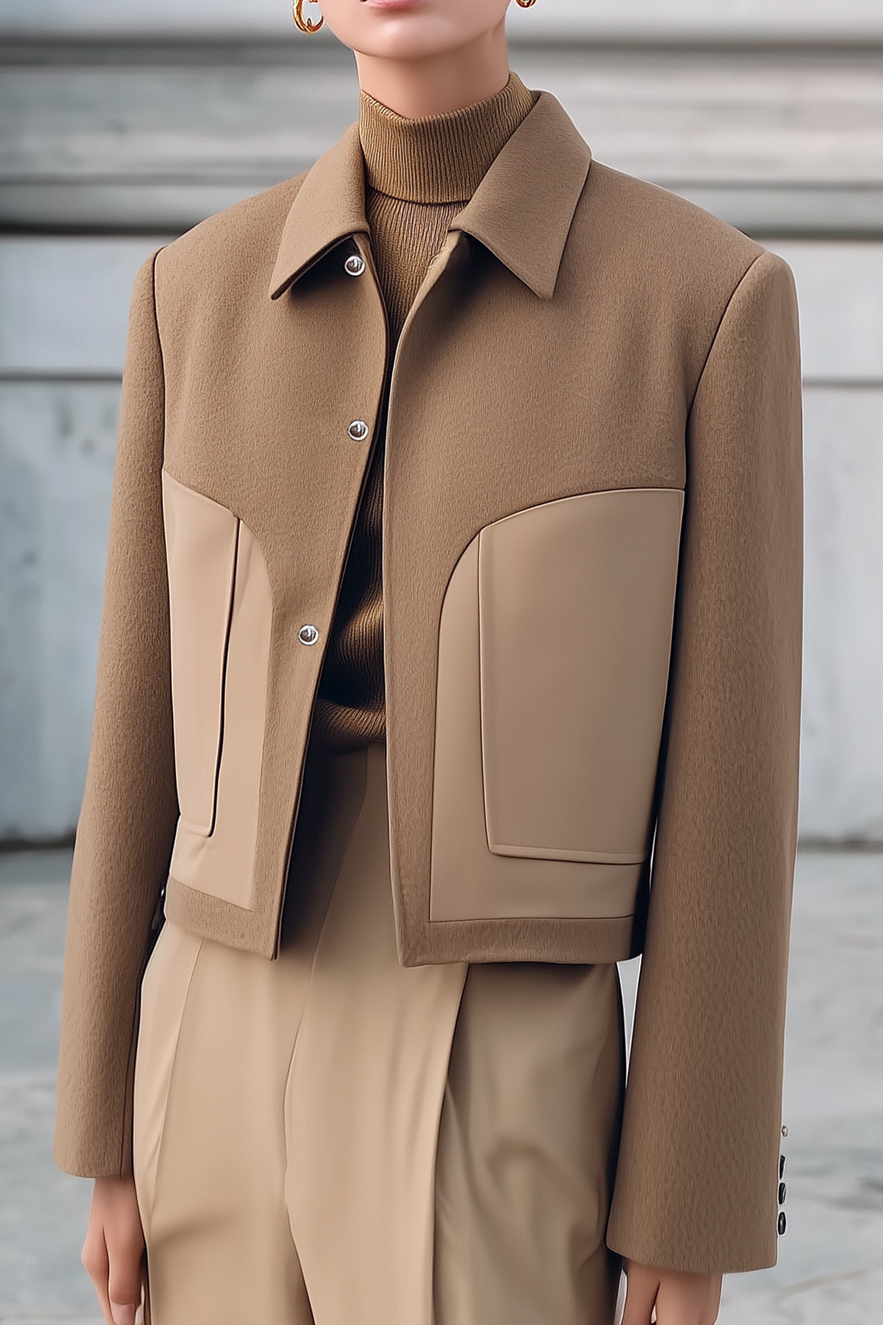 Quiet Luxury Cocoa Wool-Blend Jacket With Statement Pockets