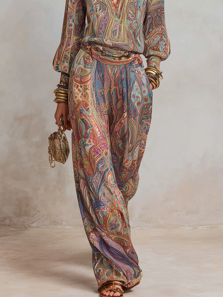 Exquisite paisley print wide leg pantsuit