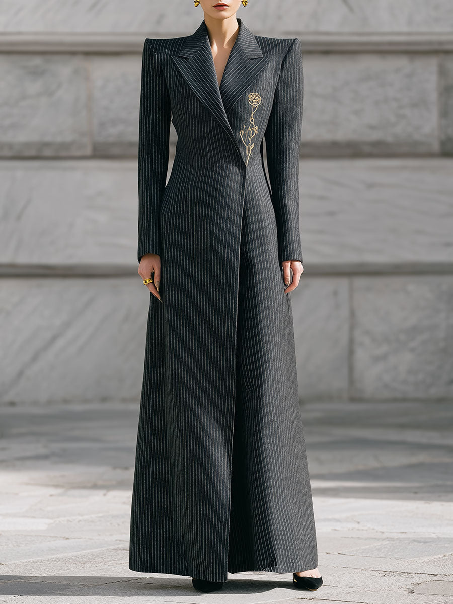 Old Money Style Striped Rose Embroidered Long Coat