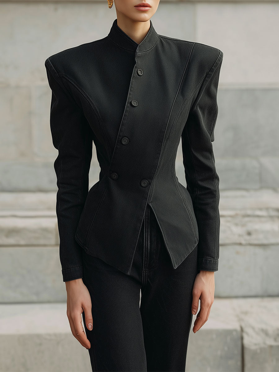 Deconstructed Washed Denim Stand Collar Diagonal Placket X-fit Waisted Jacket