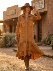 Vintage Faux-Suede Snap-Front Yoke Tiered-Hem Tan Western Maxi Dress