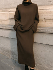 Minimalist Turtleneck Knitted Sweater & Diagonal Pocket Skirt Set