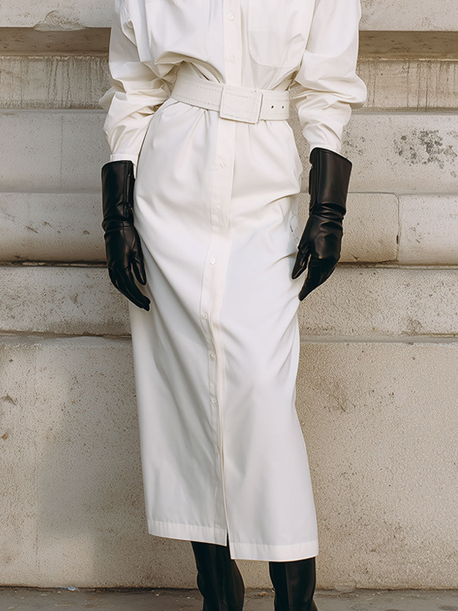 Extremely Simple Drop-shoulder Sleeve Midi Shirt Dress With Belt