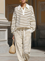 Comfortable Striped Shirt Collar Sweatshirt & Threaded Drawstring Pants Set