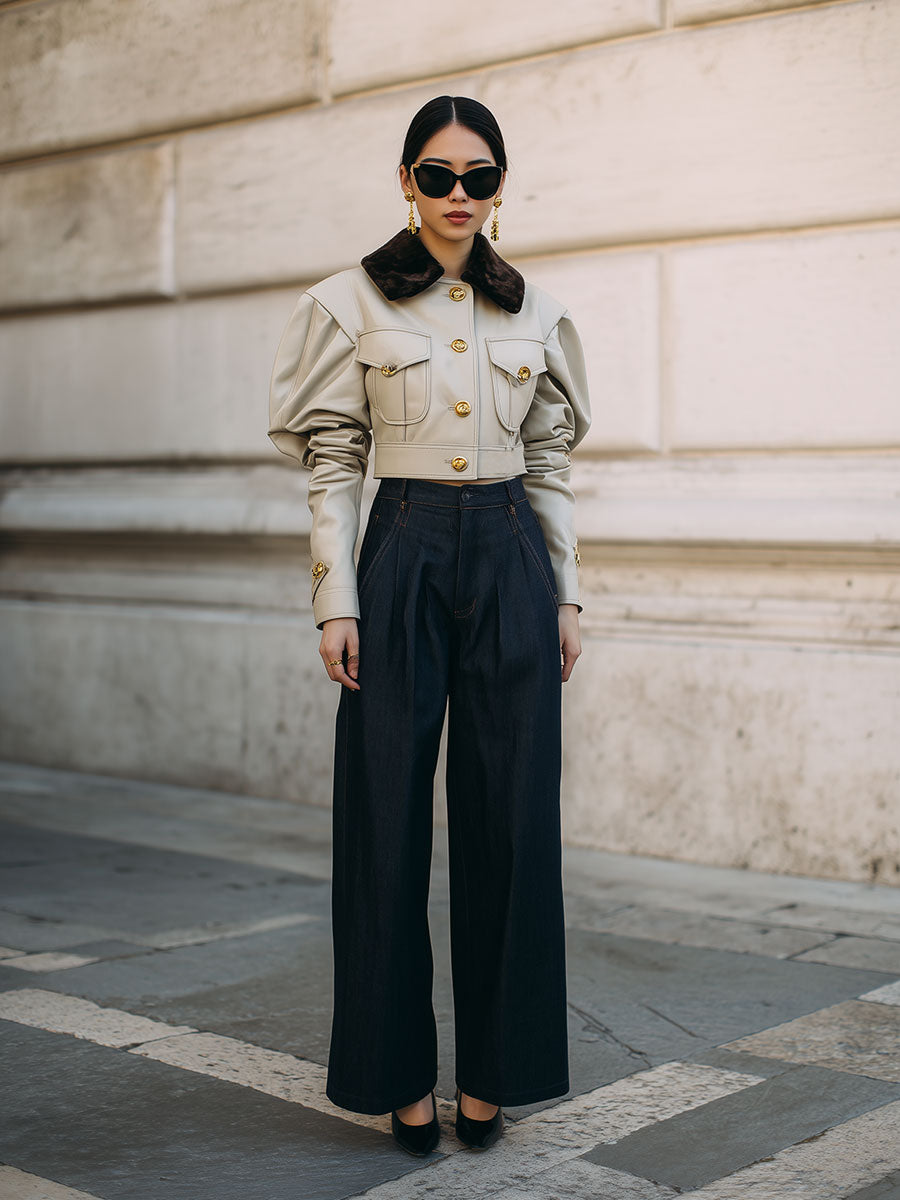 Minimalist High-waist Pinch Pleated Baggy Jeans