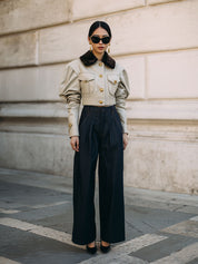 Stylish Pleated Leg-of-mutton Sleeve Eco-leather Cropped Jacket