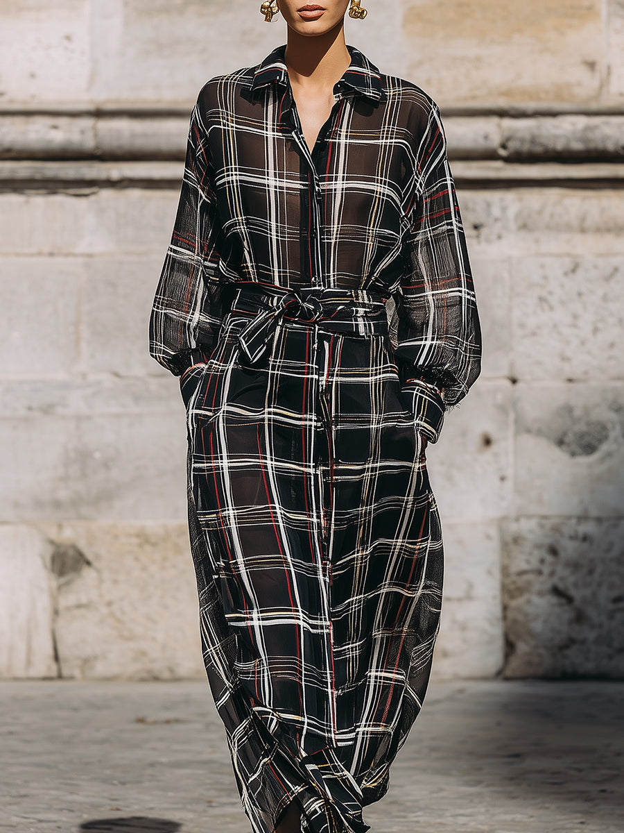 Unique Design Large Plaid Chiffon Print Midi Dress Including Belt And Suspenders