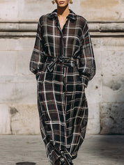 Unique Design Large Plaid Chiffon Print Midi Dress Including Belt And Suspenders