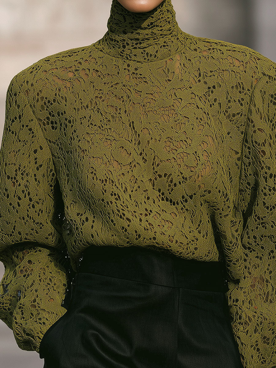 Old Money Style High Collar Lace Shoulder Pads Blouse