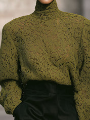 Old Money Style High Collar Lace Shoulder Pads Blouse