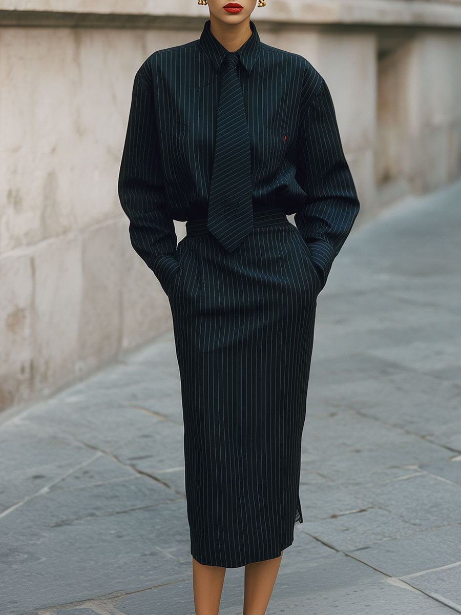 Minimalist Pinstripe Blouse With Tie & Pencil Skirt Suit