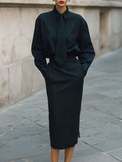 Minimalist Pinstripe Blouse With Tie & Pencil Skirt Suit