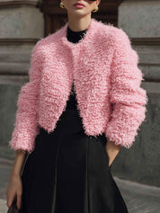 90s Minimalism Revival Round Neck Short Eco-friendly Teddy Curly Jacket