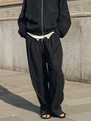 Casual Pinstripe Stand Collar Oversized Jacket & Straight Pants Set