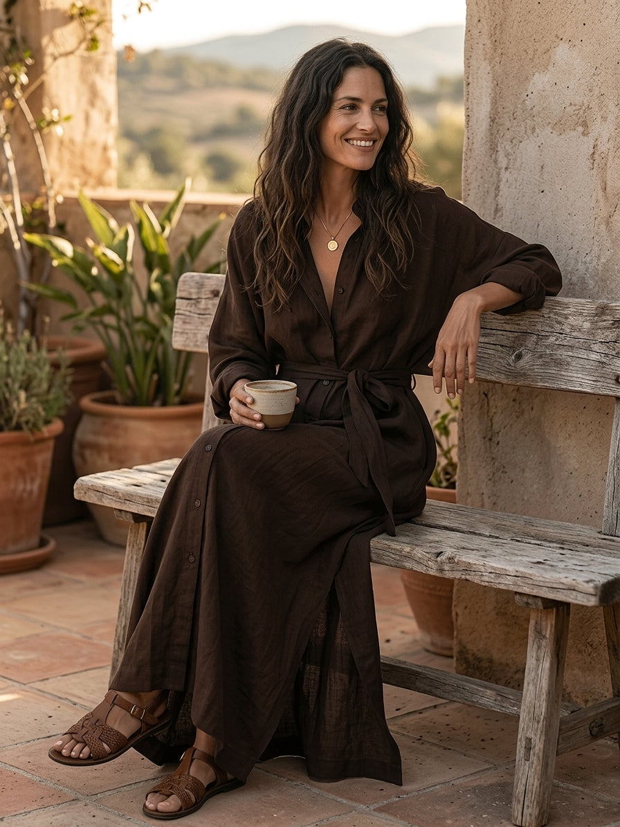 Women's Long Sleeve Belted Deep V Neckline Maxi Shirt Dress
