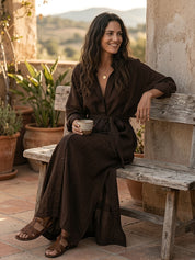 Women's Long Sleeve Belted Deep V Neckline Maxi Shirt Dress