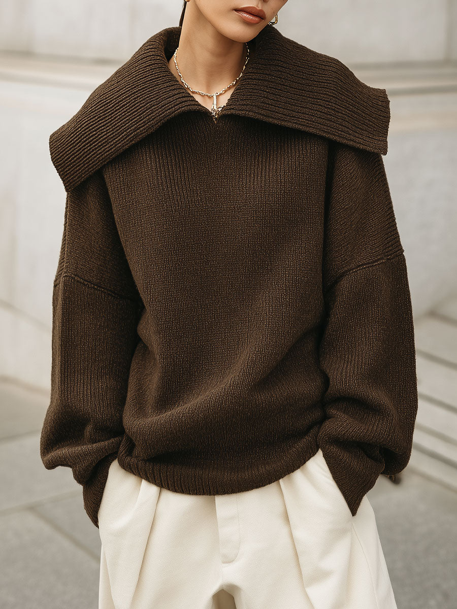 Minimalist Fine Knit Large Lapel Off-shoulder Sweater