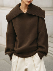 Minimalist Fine Knit Large Lapel Off-shoulder Sweater