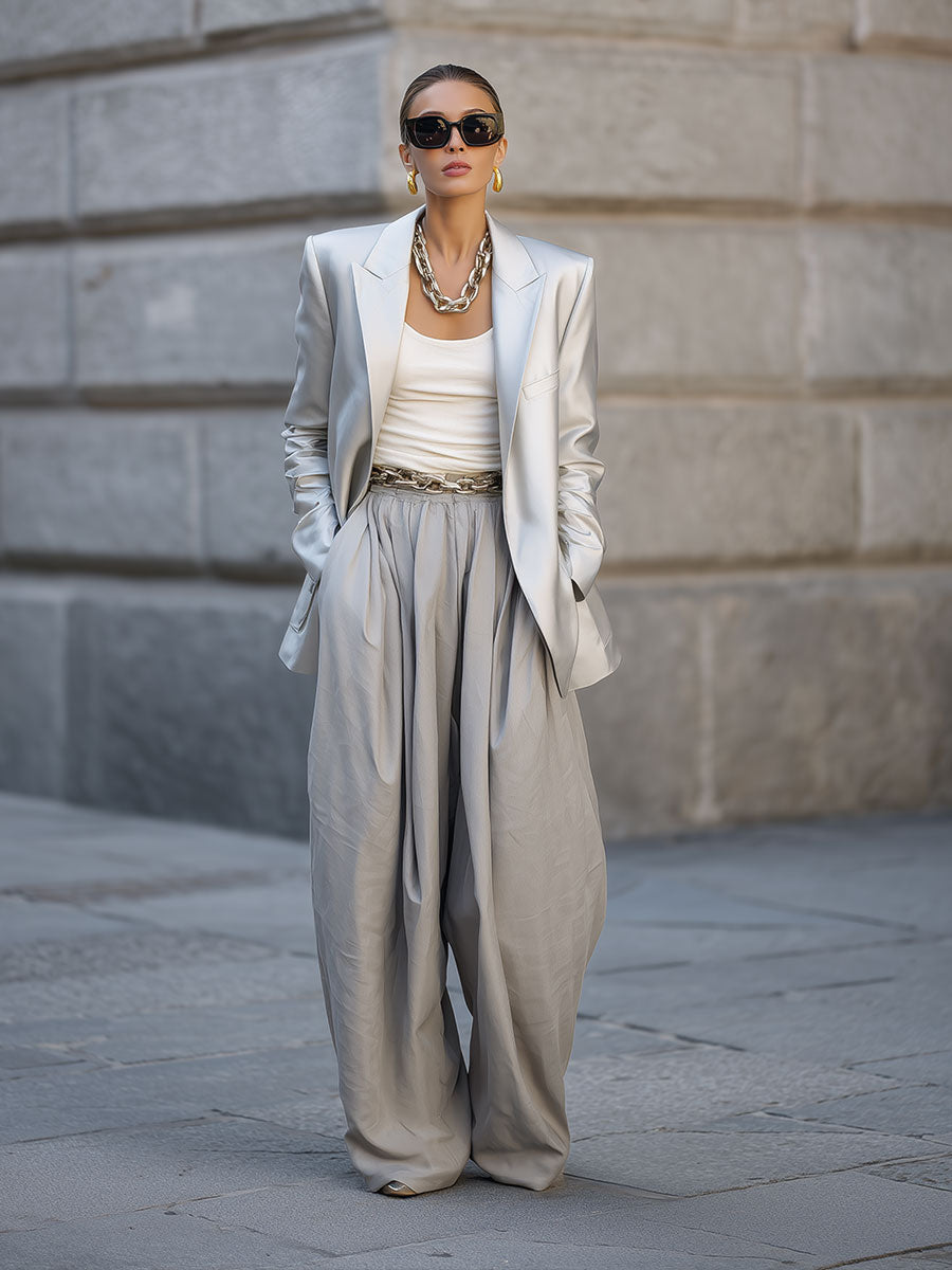 Minimalist Lapel Shoulder Pad Metallic Texture Blazer