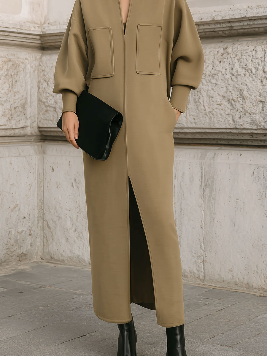 Deconstructed V-neck Lantern Sleeves Mid Dress With Front Slit