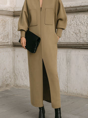 Deconstructed V-neck Lantern Sleeves Mid Dress With Front Slit