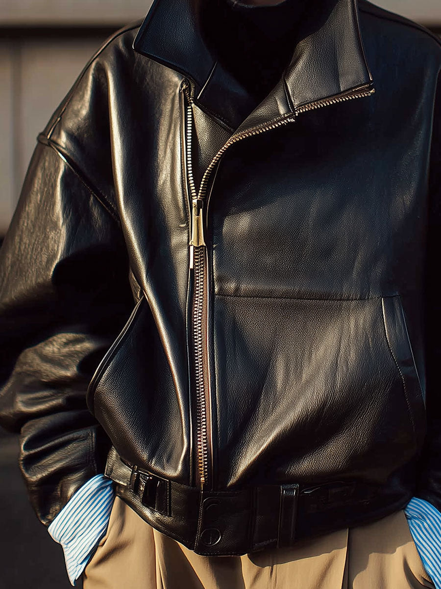 Minimalist Oversized Stand Collar Slant Placket Eco-friendly Leather Jacket