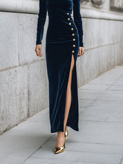 Minimalist Luxury High-Slit Corduroy Dress With Gold Button Detailing