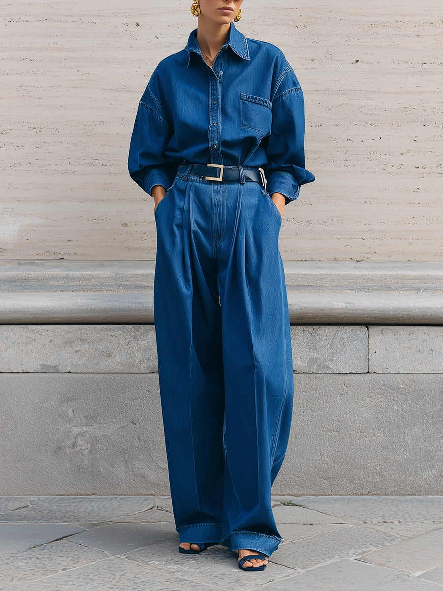Minimalist Deconstructed Drop Shoulder Denim Blouse & Pleated Wide Leg Jeans Set