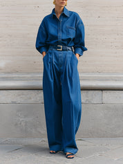 Minimalist Deconstructed Drop Shoulder Denim Blouse & Pleated Wide Leg Jeans Set