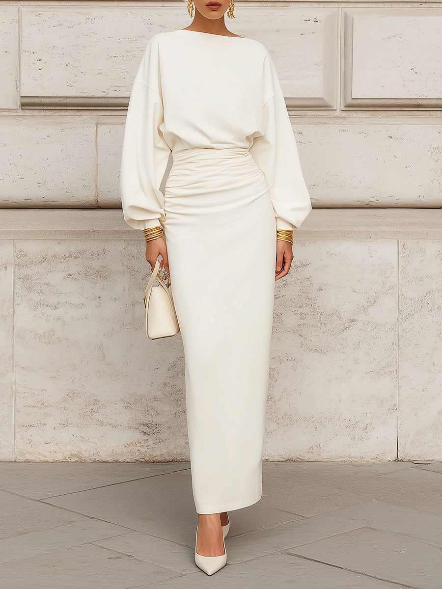 Minimalist Dolman Sleeves With Pleated Waist And Slit Pencil Maxi Dress