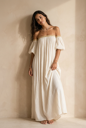 Bohemian Style Off-the-shoulder Pleated Ivory Long Dress