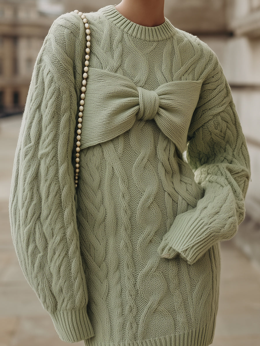 Unique Bow-knit Cable-knit Drop Sleeve Mini Dress With Bow On The Chest