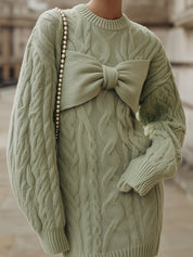 Unique Bow-knit Cable-knit Drop Sleeve Mini Dress With Bow On The Chest