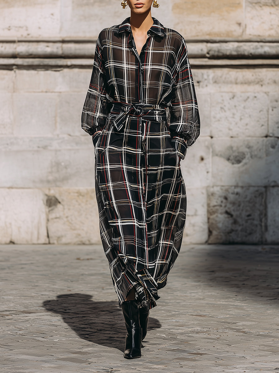 Unique Design Large Plaid Chiffon Print Midi Dress Including Belt And Suspenders