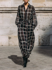 Unique Design Large Plaid Chiffon Print Midi Dress Including Belt And Suspenders