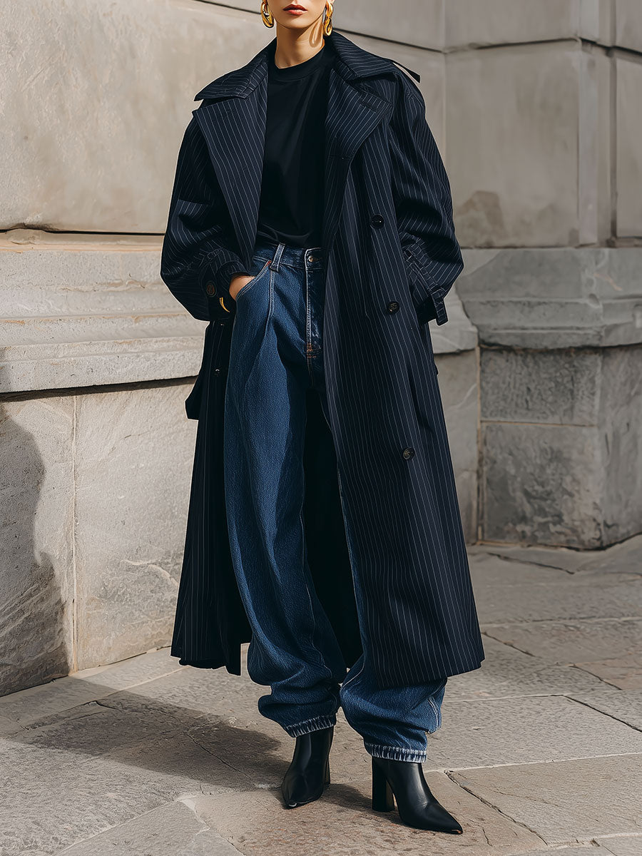 Minimalist Oversized Pinstripe Mid-length Trench Coat