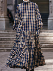 Classic Oversized Stand-up Collar Plaid Print Pleat Stitching Maxi Dress