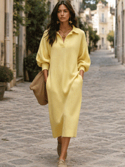 Women's Oversized Ribbed Knit Polo Collar Sweater Dress Long Sleeve Midi Dress