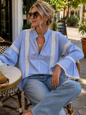 Chic Vertical-Stripe Crochet-Panel Blue Blouse