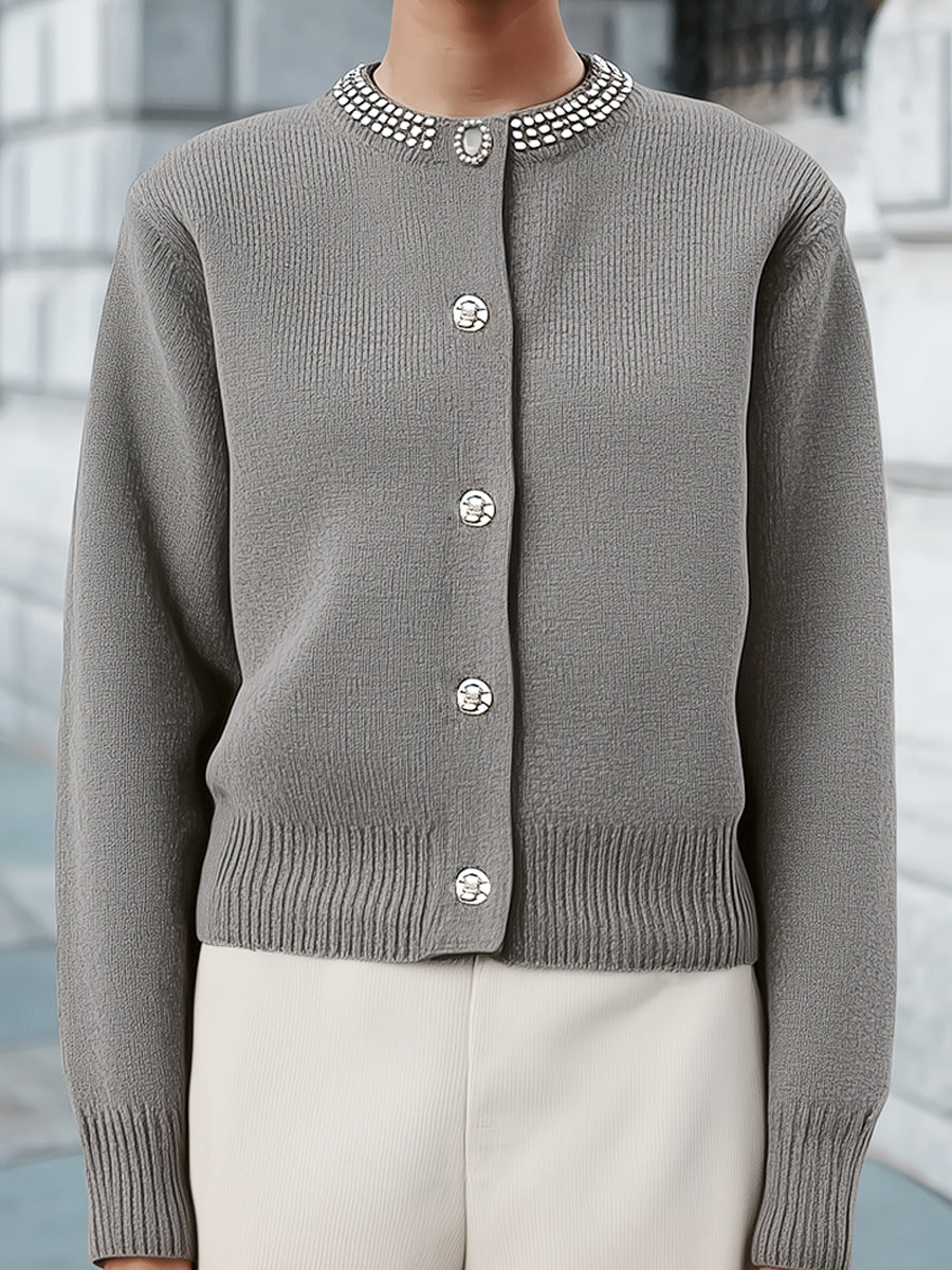 Vintage-Inspired Crystal Accents Knit Cardigan Sweater