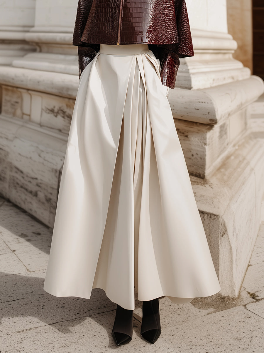 Deconstructed Waist Pleated Side Pockets Midi Skirt With Zip Fastening